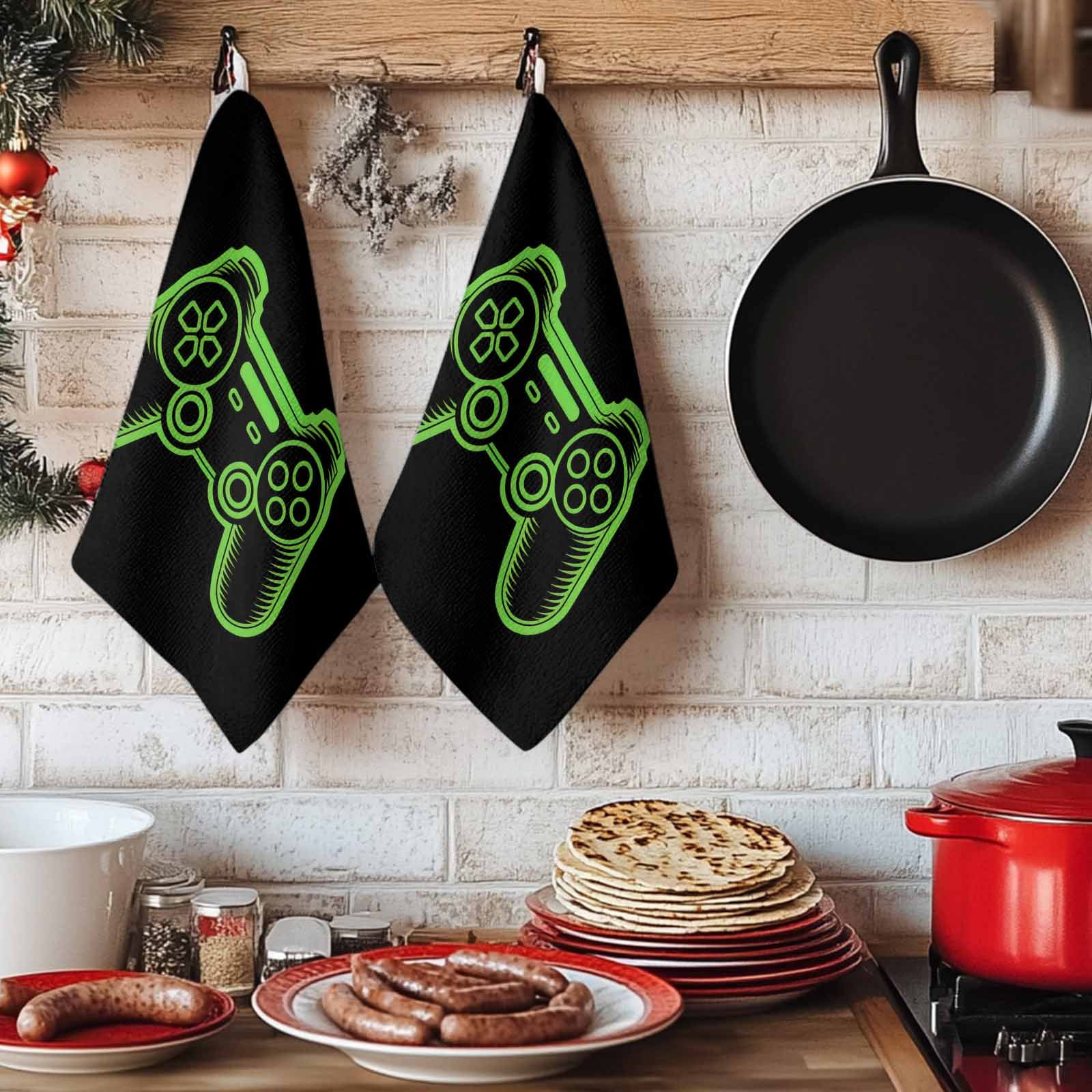 Green Game Controller Kitchen Towels Set of 4, Modern Art Gaming Handheld Black Soft Microfiber Dish Towels, Absorbent Quick-Dry Washable Dishcloths for Kitchen Cleaning, Drying Dishes, 18x28 Inches