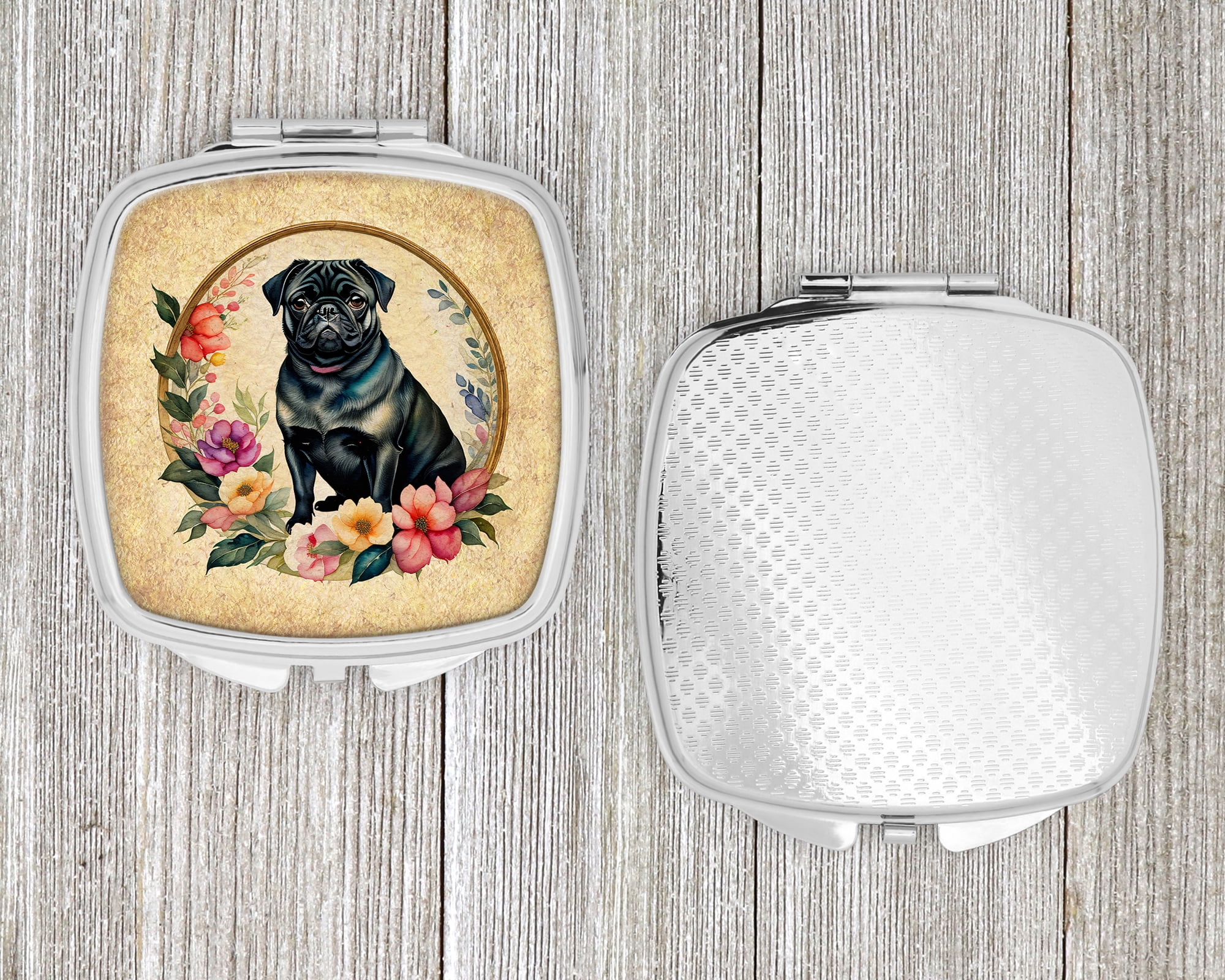 Black Pug and Flowers Compact Mirror 2.75 in x 3 in