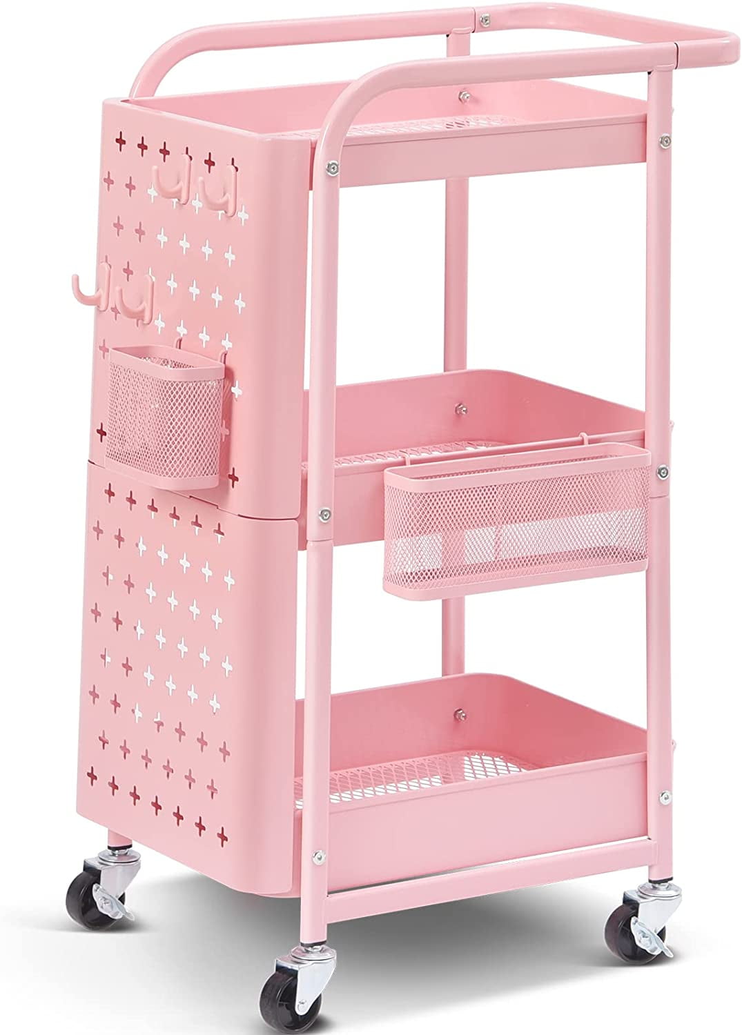 FSROLTPI 3Tier Rolling Cart, Metal Utility Cart with Pegboard, Utility