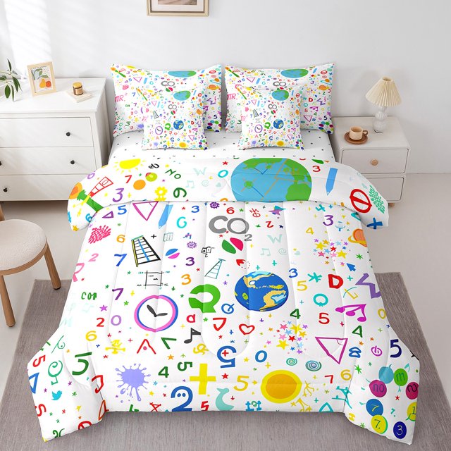 Mathematics Full Comforter Set - 7 Pieces Bed in a Bag Set,Physical Chemistry Math Bedding Sets Full with Science Students Globe Quilted Comforter,Flat Sheet,Fitted Sheet,Pillowcases