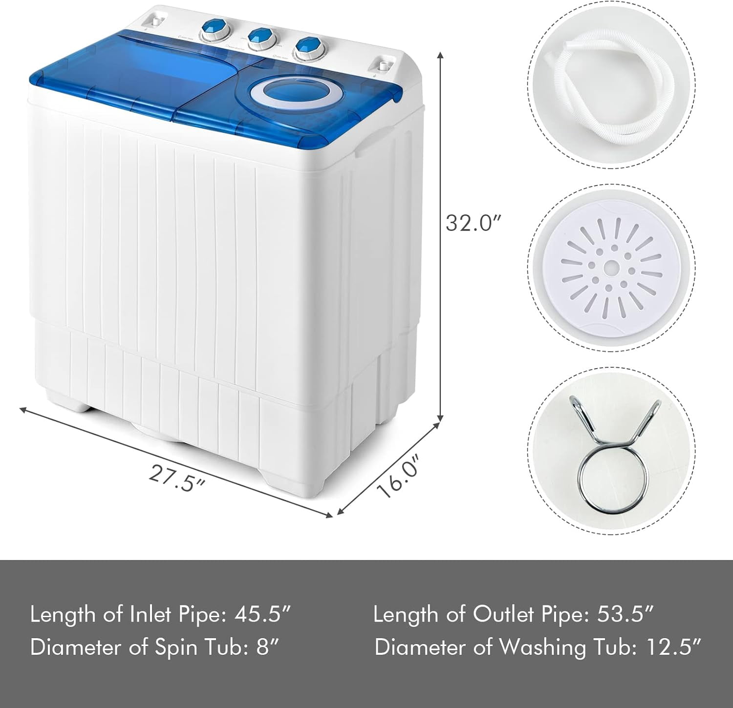Portable Twin Tub Washing Machine with 26lbs Total Capacity, 18lbs Washer & 8lbs Spinner Combo, Built-in Drain Pump & Timer Knobs for Home Dorm Apartment Use