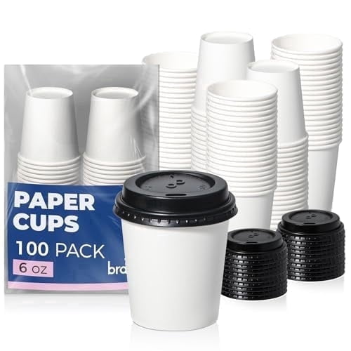 Fit Meal Prep 100 Pack 6 oz Disposable Coffee Cups with Lids, Premium To Go Paper Cups, Leak Proof Hot Coffee Cups with Lids for Travel, Office, Hot/Cold Beverages (Black Lids)