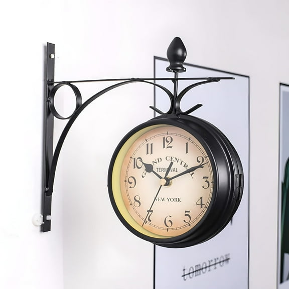 DESIGNICE Two-Sided Station Clock Double-Sided Wall Clock Retro Grandfather Clock Vintage Antique-Look Bracket Hanging Decorative Clock For Garden Indoors,Clock 12.12 * 7.5 Cm