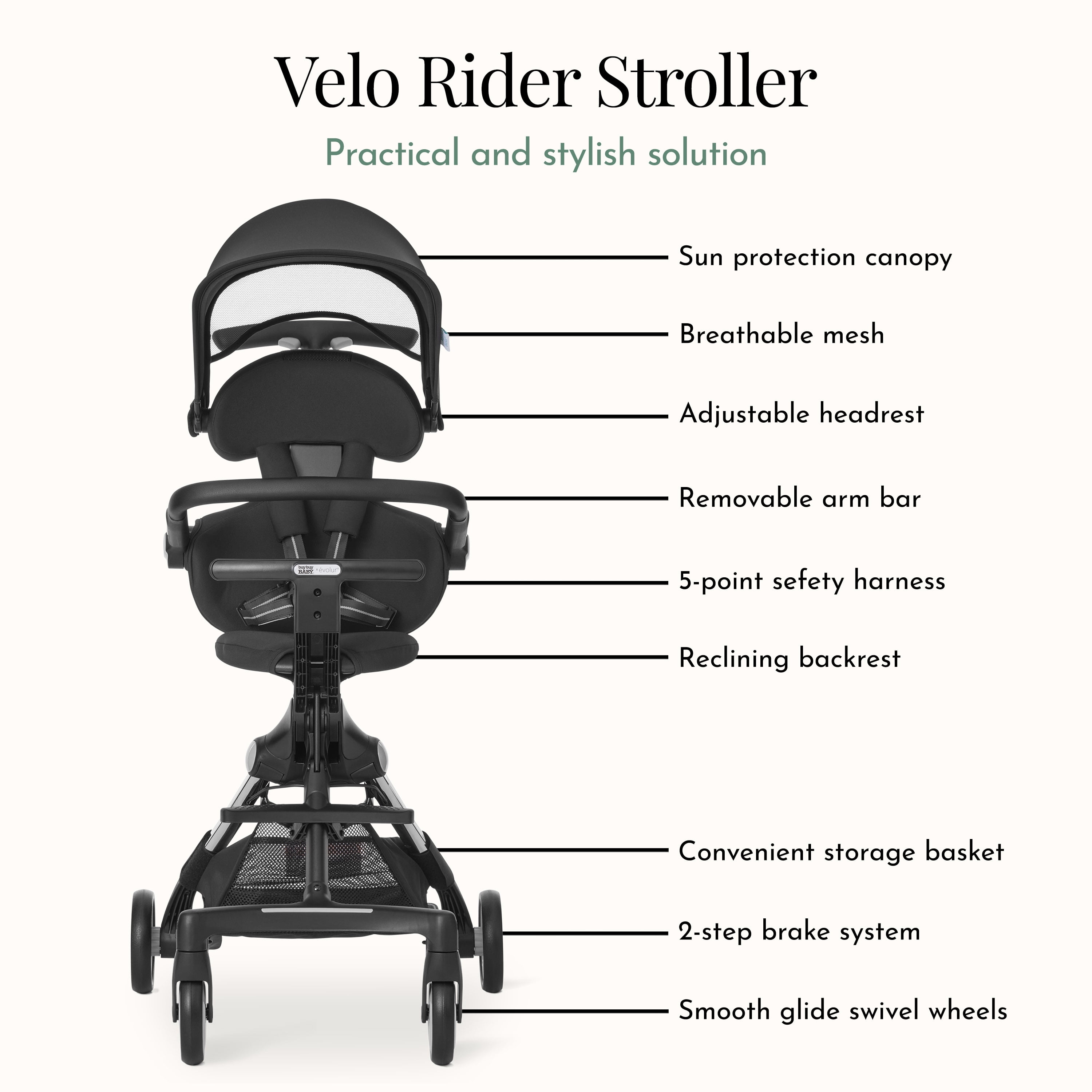 Evolur Velo Rider Stroller, Caviar