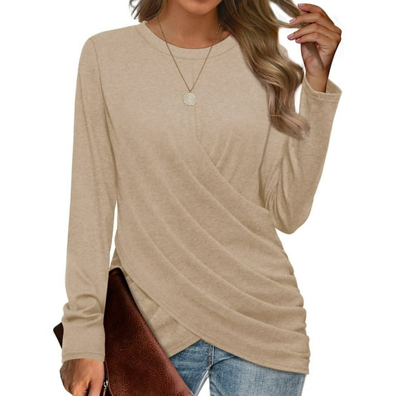 BKQCNKM T Shirts For Women Womens Long Sleeve Tops Front Tunic Tops To Wear With Leggings Long Sleeve Shirts For Women Fall Outfits Beige L