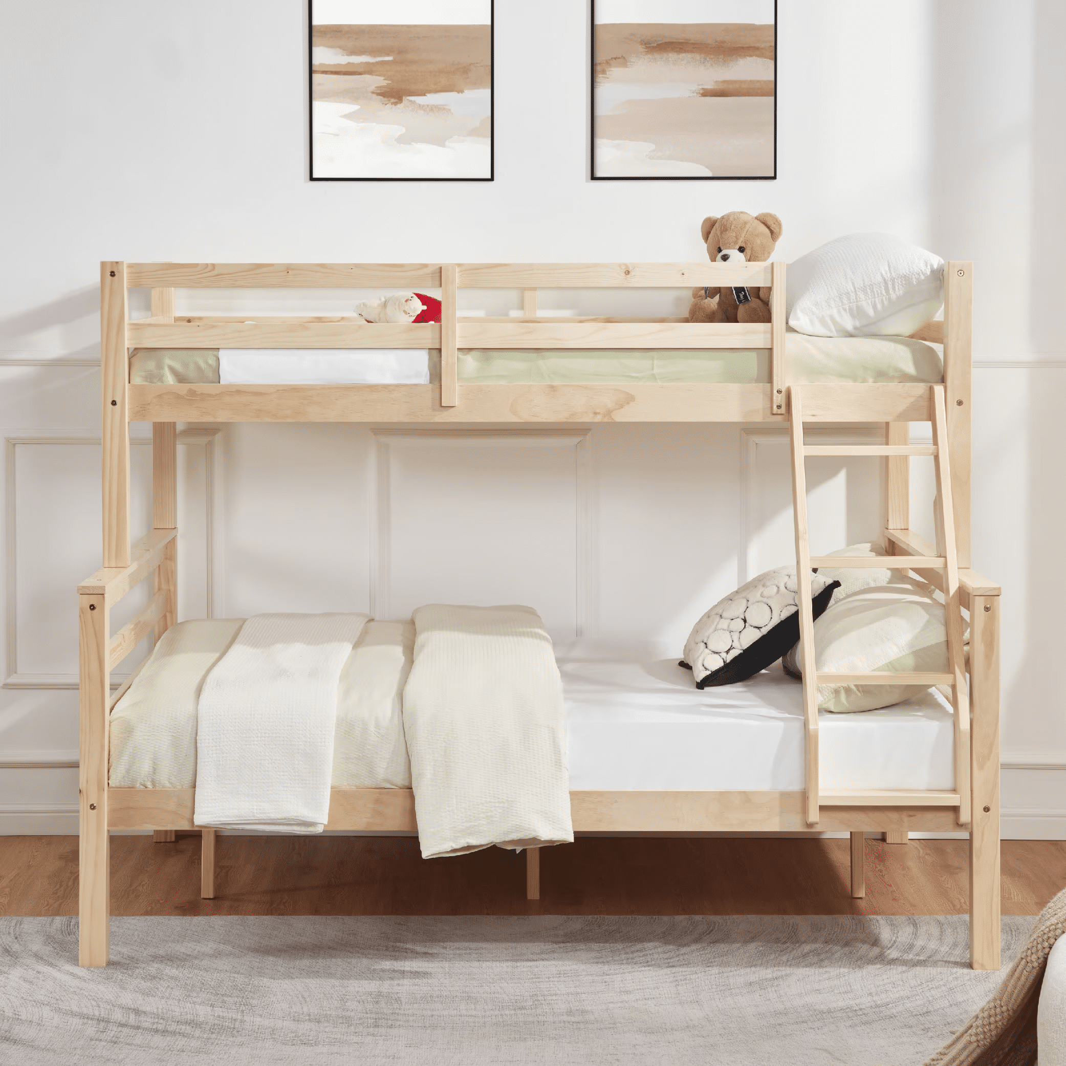 MAYEERTY Twin over Full Bunk Bed with Thick Posts, Wooden Bed Frame with High Guardrail and Ladder for Kids, No Box Spring Needed, Natural