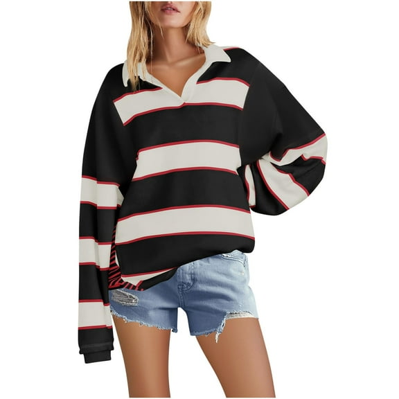 Women's Oversized Color Block Pullover Tops Long Sleeve Drop Shoulder Sweatshirts Loose Fit V Neck Collared Shirts