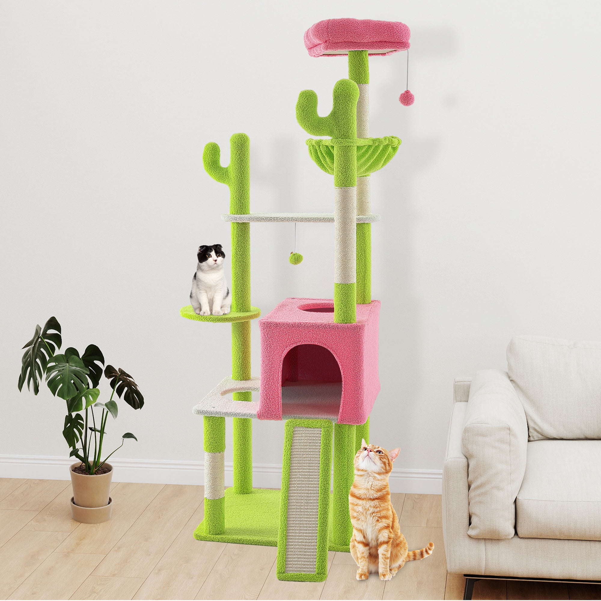 Uforic 68"  Tall Cactus Cat Tree, Multi-Level Large Indoor Cat Tower with Sisal Post, Hanging Balls, Green & Pink
