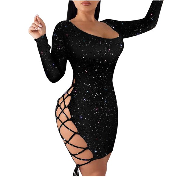 CEHVOM Women Sexy Leopard Print Club Night Backless Lace-Up Bodycons Long Sleeve Dress