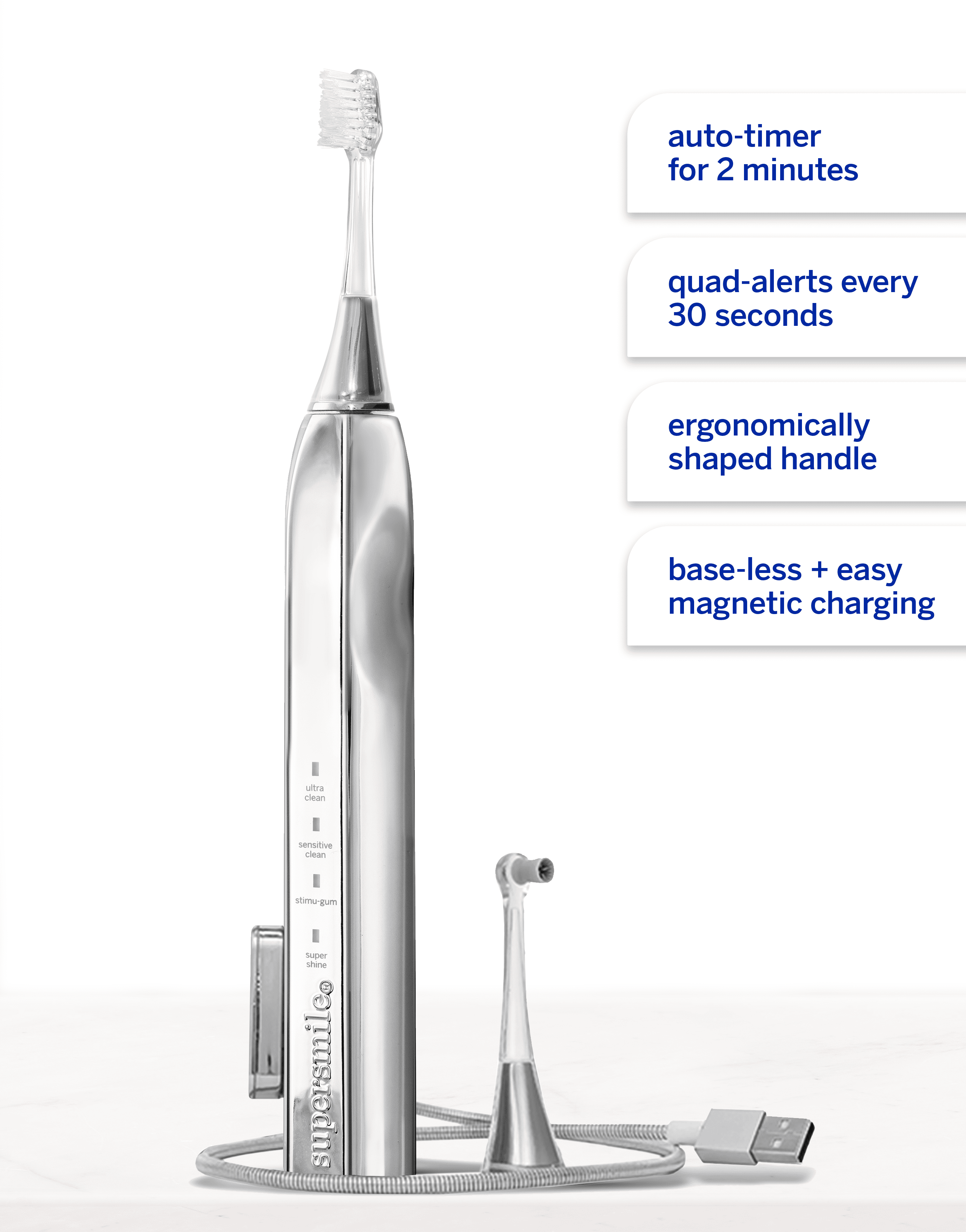 Supersmile Zina45 Sonic Pulse Electric Toothbrush - Rechargeable Whitening Toothbrush w/Polishing Head - 4 Cleaning Modes, Silver