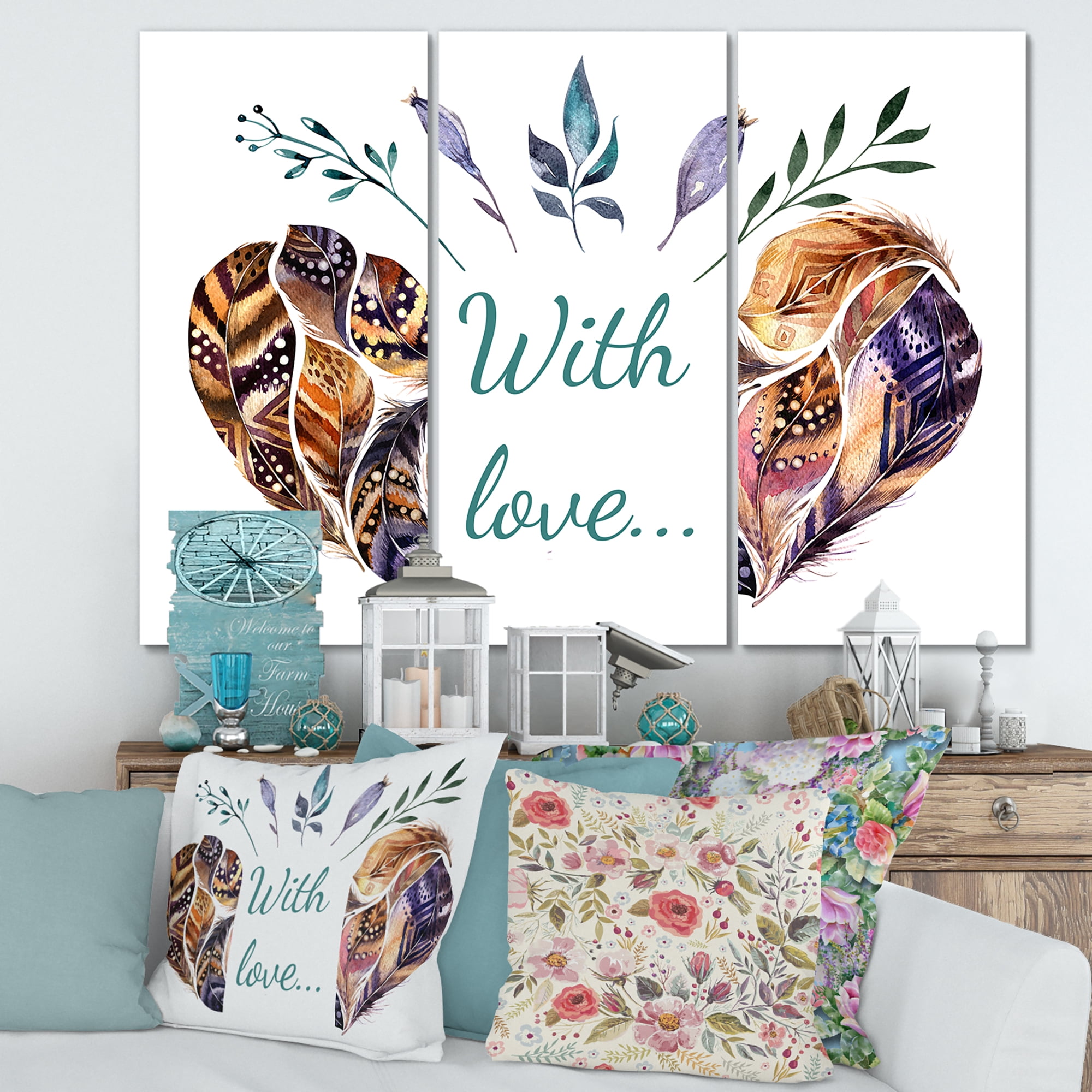 Designart ' Hearted Shaped Feathers With Love ' Traditional Canvas Wall Art Print