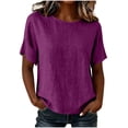 thumbnail image 3 of VBVC Women's Linen Blend Short Sleeve Shirt , Casual Crew Neck Blouse For Women, Ladies' Lightweight Loose Fit Tunic Top,Purple,S-2XL, 3 of 7