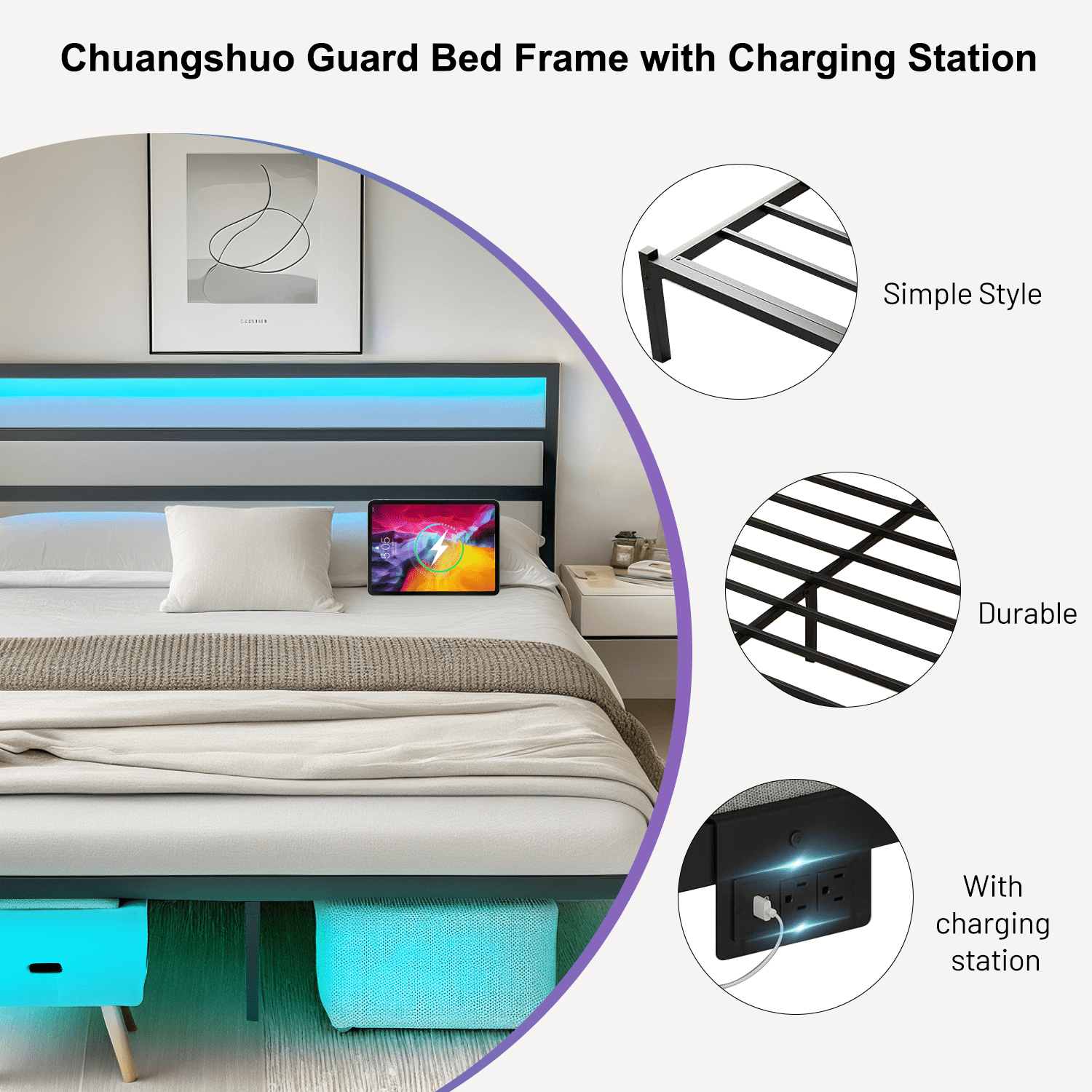 Chuangshuo Guard Full Size Bed Frame with LED Storage Headboard Shelf, Noise-Free, Metal Platform Bed, Black