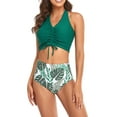 thumbnail image 1 of Faithtur Daughter  Mother Family Matching Swimwear Solid Color Sleeveless Drawstring V-Neck Tops + Leaves Print Panties Bikini Set, 1 of 9