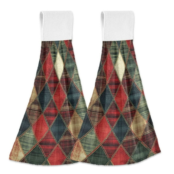 Yayeee Kitchen Hanging Hand Towels Set of 2 with Loop Bathroom Absorbent Tie Towel, Dark Tartan Pattern
