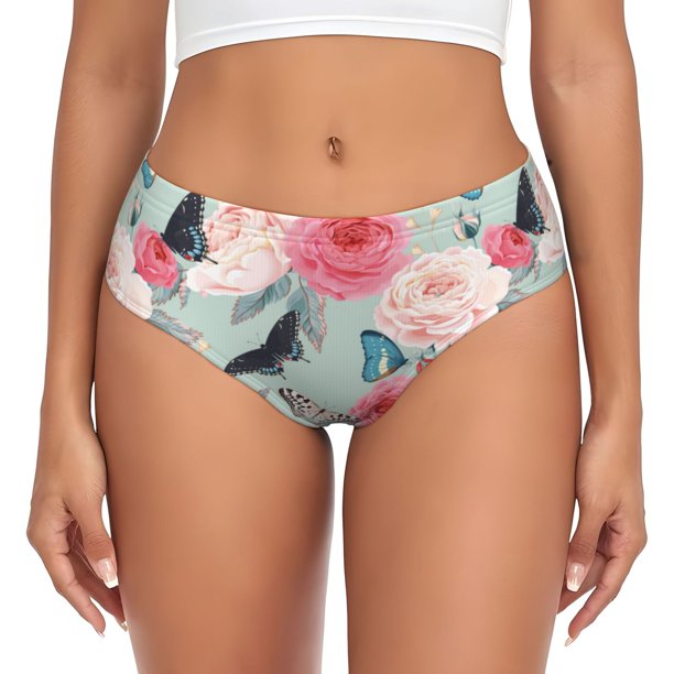 Balery Roses and Butterflies Ropa Interior de Algodón para Mujer con Dibujo – Braguitas Cómodas y Elásticas, Estilo Clásico-X-Small