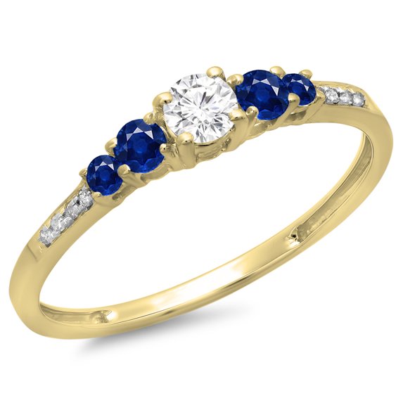 0.40 Carat (ctw) 18K Yellow Gold Round Cut Blue Sapphire & White Diamond Ladies Bridal 5 Stone Engagement Ring