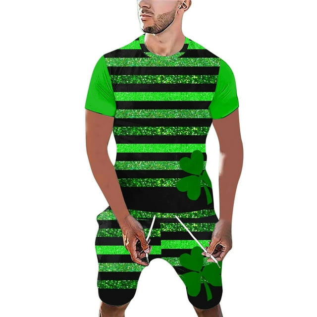 TSADFHJI Ensemble de Pyjama pour Hommes Rouge Hiver Imprimé Jour de la Saint-Patrick Col Rond Manches Courtes Short TG Vert