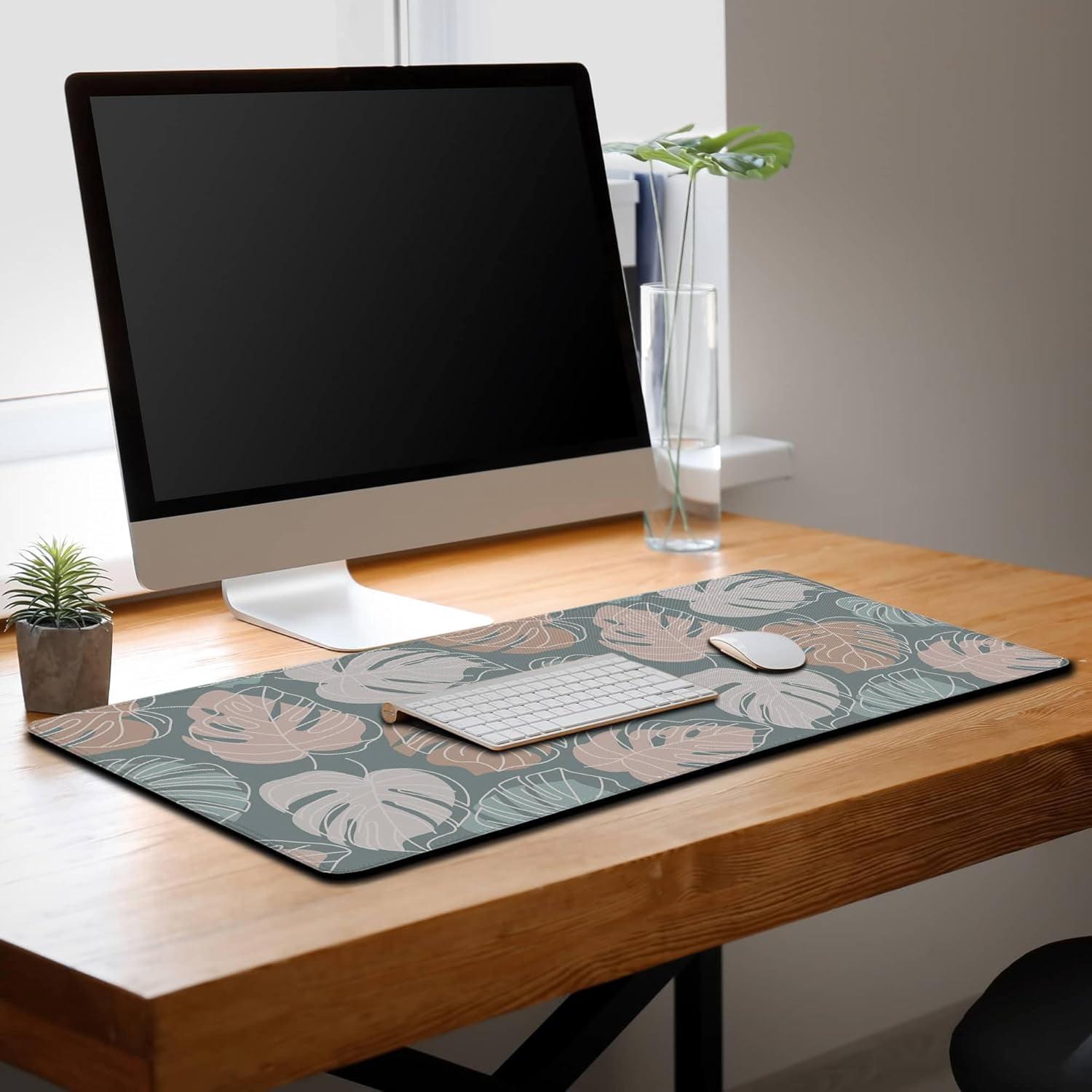 Large Desk Mat Green, Gaming Mouse Pads Office Desk Pad, Keyboard Desk Mat Non-Slip Rubber Base Waterproof with Stitched Edges, 35.4 X 15.7 inch for Work/Game/Office/Home Tropical Monstera