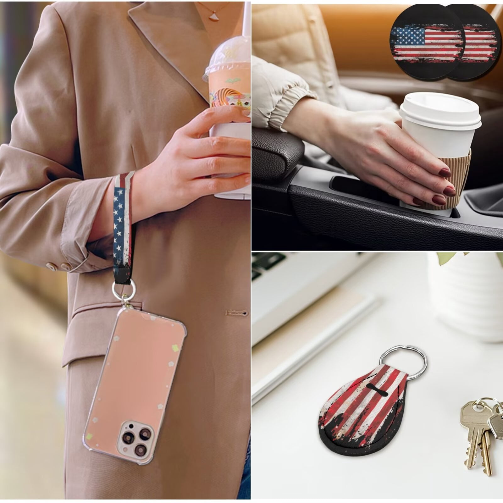 Garronmavis American Flag 14 Pcs Car Accessories Set with Car Headrest Cover Steering Wheel Cover Armrest Cover Seat Belt Pads Key Ring and Cup Coaster Universal Fit Most Cars Women Men