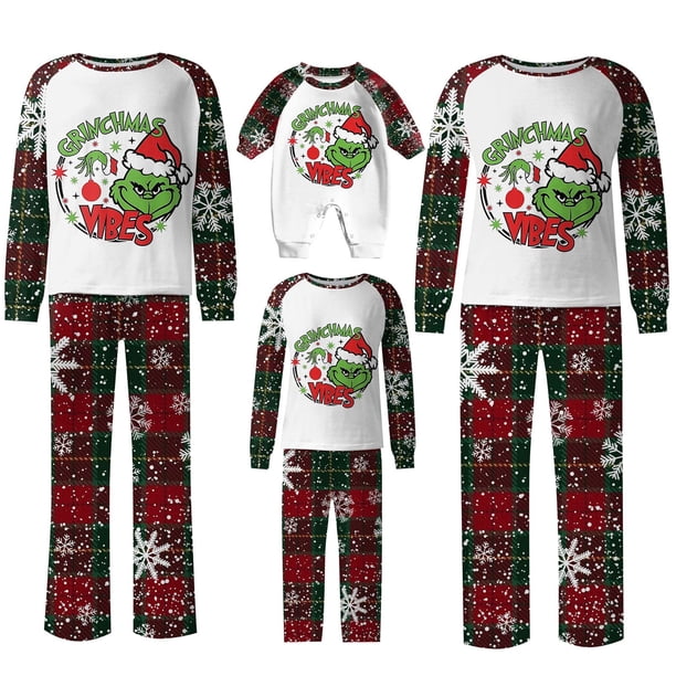 Conjuntos de pijamas navideños familiares a juego Grinch 2024, pijama de Grinch con parte superior y pantalones de pijama a cuadros, pijama de Grinch para niños y adultos para la familia, 3 Meses