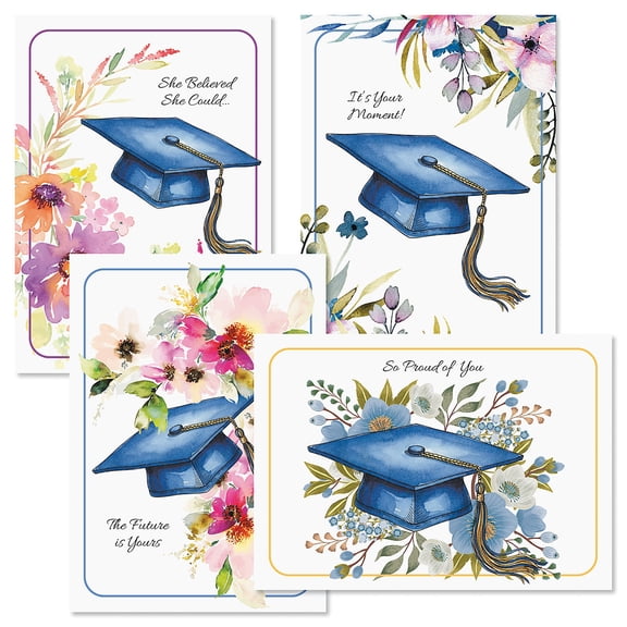 Current Graduation Floral Caps Cards, Set of 8, 2 each of 4 charming designs, Envelopes included, 5" x 7", Printed in the USA