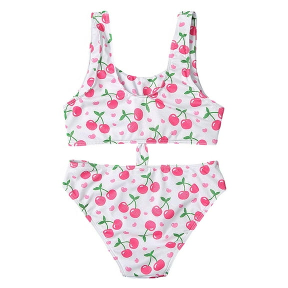 Toimothcn Swimsuit For Girls Sleeveless Casual Cherry Printed 2 Piece Bikini Set Quickly Dry Cover Up Swimwear 5-6 Years