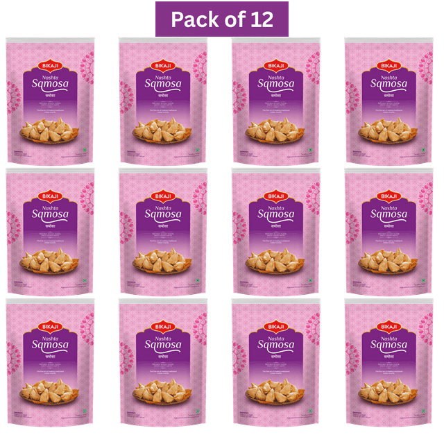 Bikaji Nashta Samosa (Spicy Crispy Patty) 140g, Pack of 12, Indian Snacks. The image displays twelve packs of Bikaji Nashta Samosa arranged in a grid, showcasing vibrant pink and purple packaging with golden samosas. Perfect for tea-time, namkeen cravings, or South Asian festive celebrations.