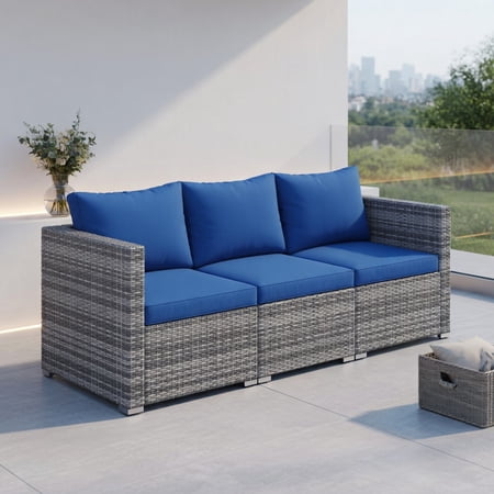 Resenkos 3-Piece Modular Patio Sectional Sofa Set – PE Rattan Outdoor Couch with Removable Beige Grey Navy Cushions Sturdy Metal Frame for Deck Garden & Poolside
