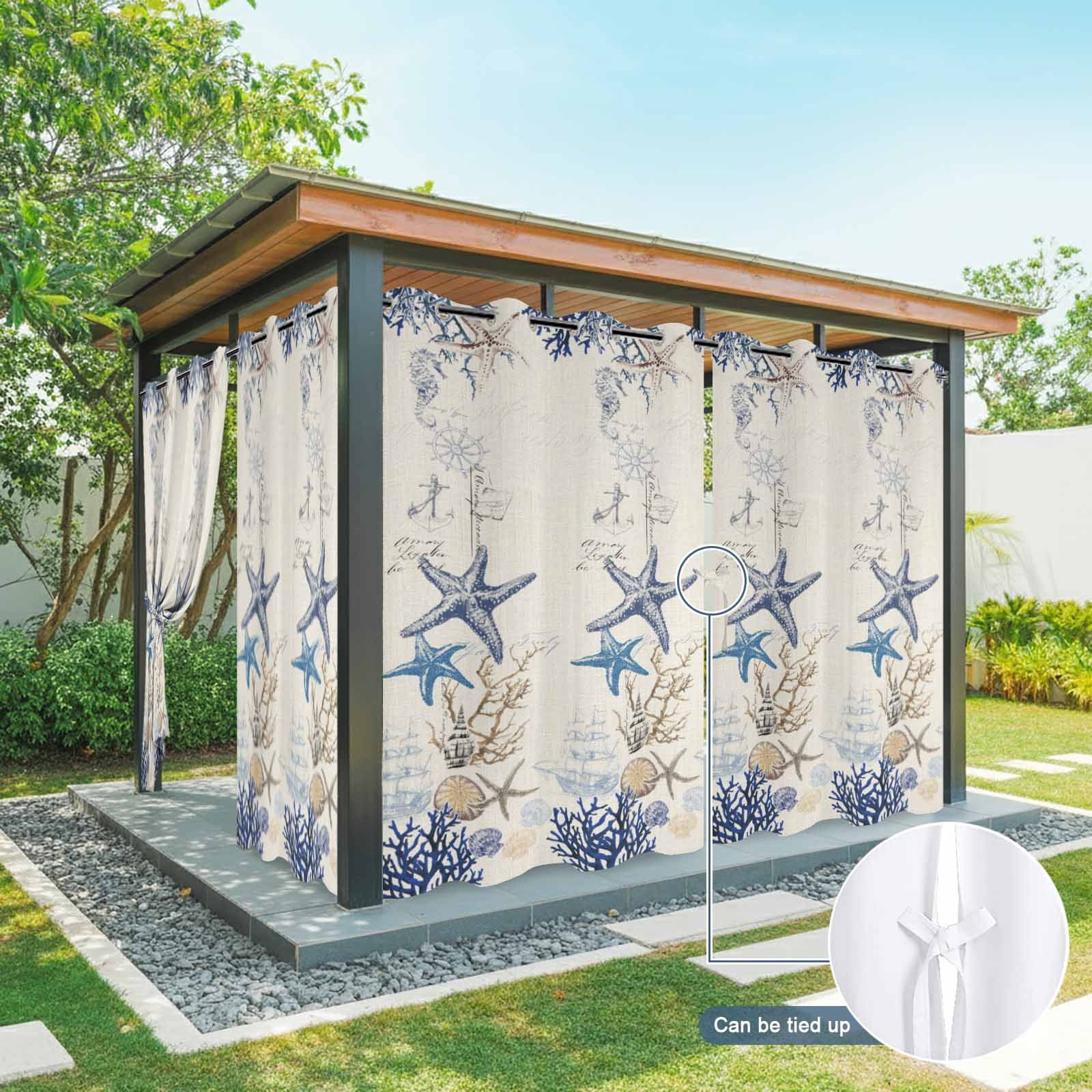 Purple Starfish Outdoor Curtains for Patio, Coastal Ocean Coral Conch Sand Dollars Linen Texture Sunshade Privacy Drapes Grommet Waterproof Outside Curtains for Porch/Cabana/Balcony 54"x108", 1 Panel