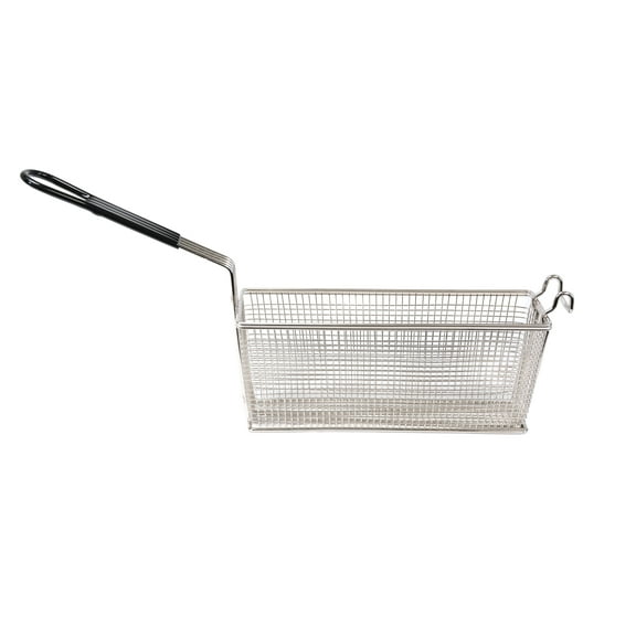 Prince Castle 13.25" x 4.25" x 5.5" Wire Mesh Fry Basket, Black Plastisol Handles