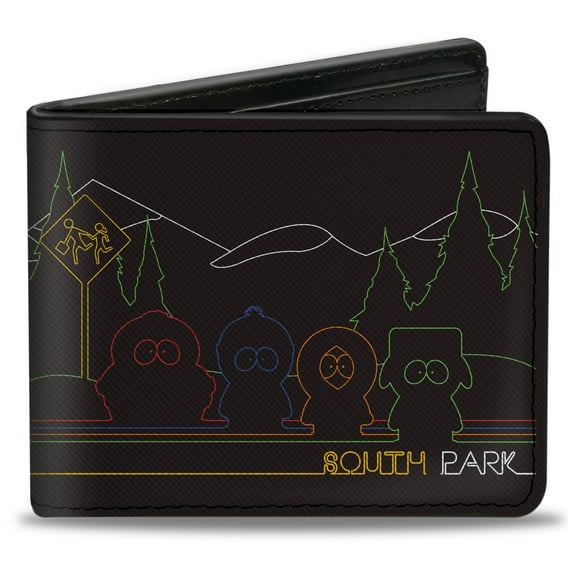 Comedy Central Wallet, Bifold, South Park Boys at Bus Line Silhouette Black Multi Color, Vegan Leather