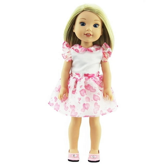 Pink Hearts Organza Dress - Compatible with 14 Inch Wellie Wisher Dolls | 14 Inch Doll Clothing