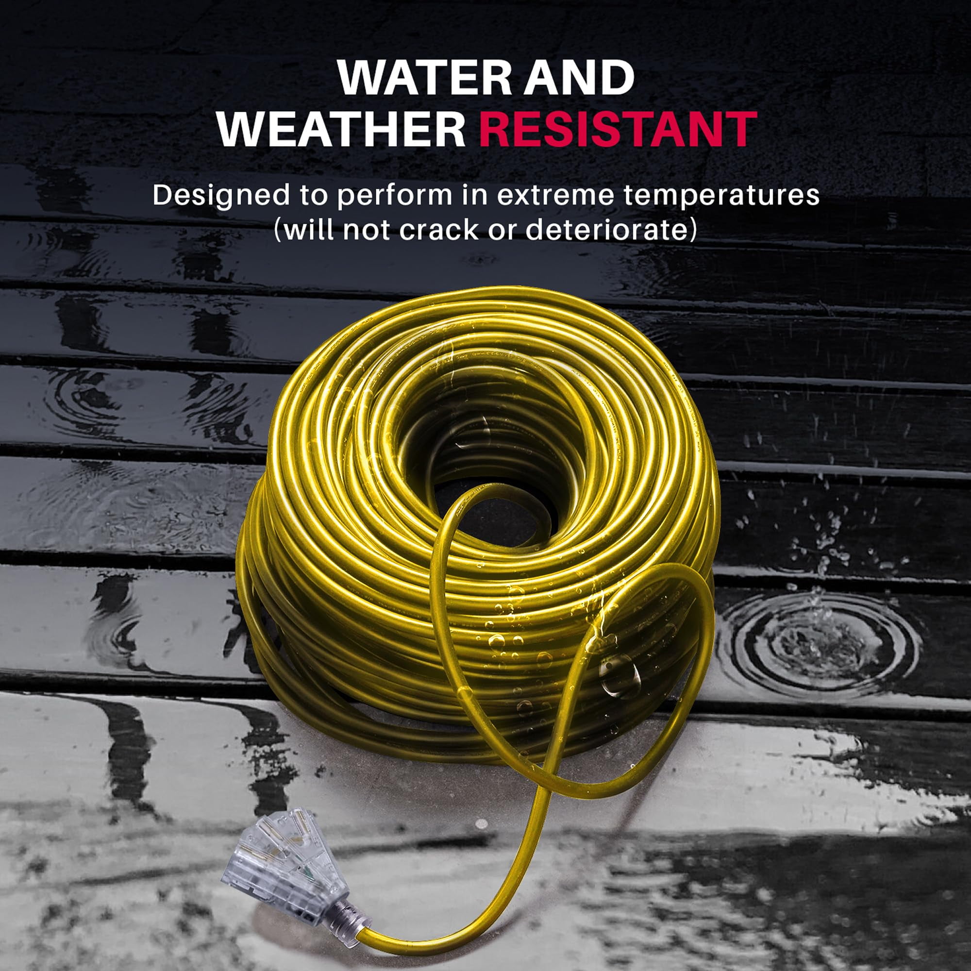 10ft Outdoor/Indoor Extension Cord 3-Outlet 12/3 Gauge Extra Heavy Duty 3 Prong SJTW, Waterproof, Flexible Cold-Resistant Long Power Cord,15A 125V 1875W, Yellow by LifeSupplyUSA