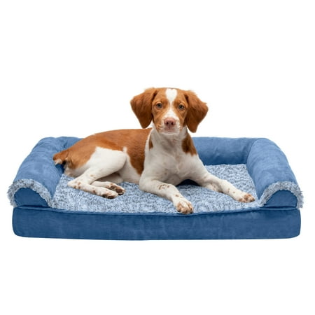 UPC: 0842229124200 | FurHaven Pet Products | Memory Foam Two-Tone Faux Fur & Suede Sofa-Style Couch Pet Bed for Dogs & Cats – Marine Blue Medium