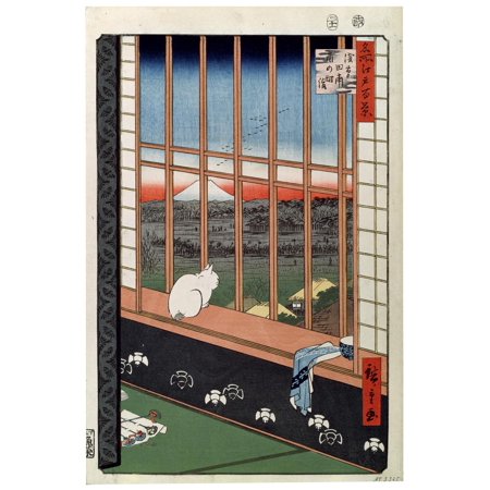 Art.com A Cat Sitting on the Window Seat, 19th Century Giclee Print by Ando Hiroshige, 12" x 18"