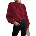 thumbnail image 2 of Women'S Fall Long Lantern Sleeve Blouse Stand Collar Single-Breasted Solid Casual Loose Blouse Tops Wine Red XXL, 2 of 7