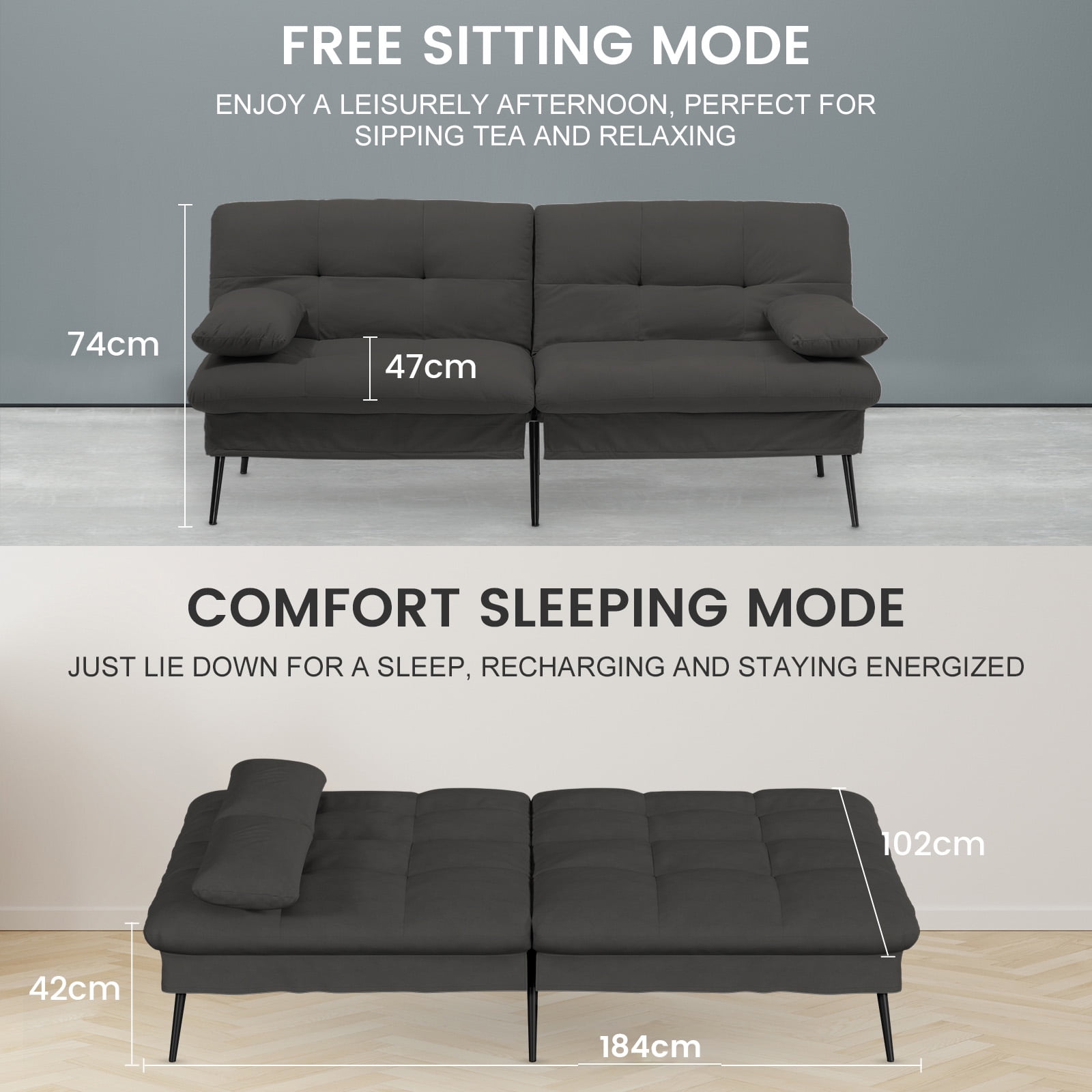 COMHOMA Convertible Futon Sofa Bed Upholstered Futon Couch Fabric Sleeper Sofa, Black