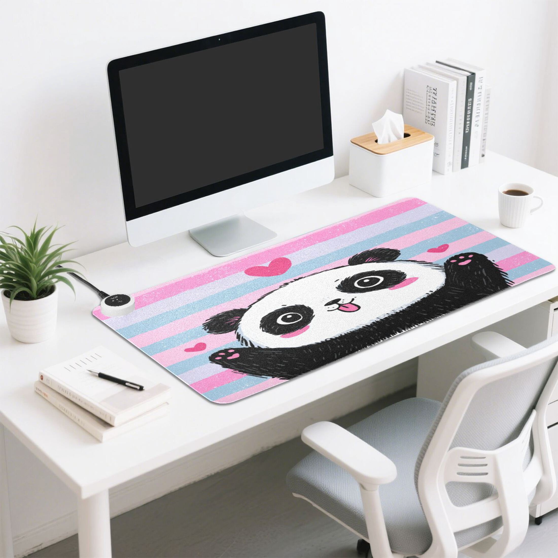 Large Heated Desk Mat Mouse Pad 31.5"x13"PU Leather Graphene Heating Desk Warmer with 3 Temperature Settings 110V US Plug Non-Slip Warm Pad for Home, Office, and Gaming Adorable Panda Love Design