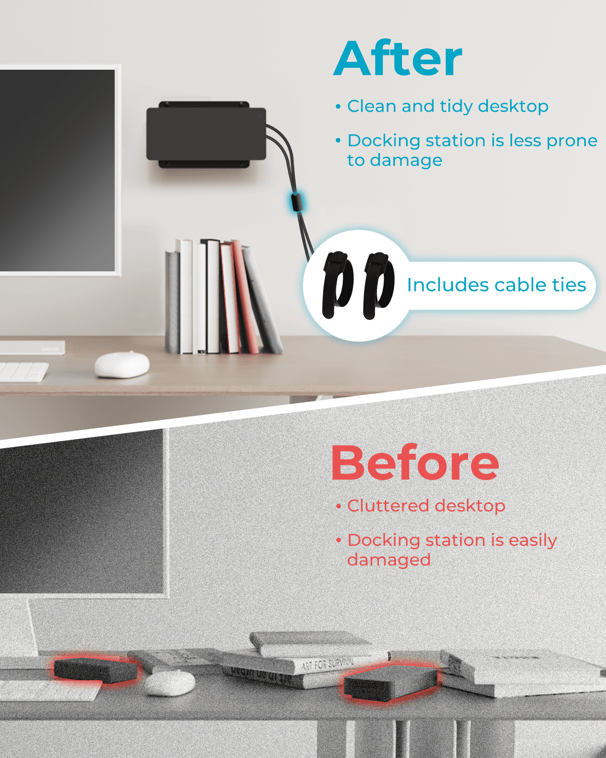 Metal Mount for Dell Docking Station Under Desk and Wall Mount for Dell UD22 WD19 WD19S WD22TB4 WD19TBS WD25 SD25 Series Dock & Power Adapter Mounting Bracket for Laptop Dock with Cable Ties