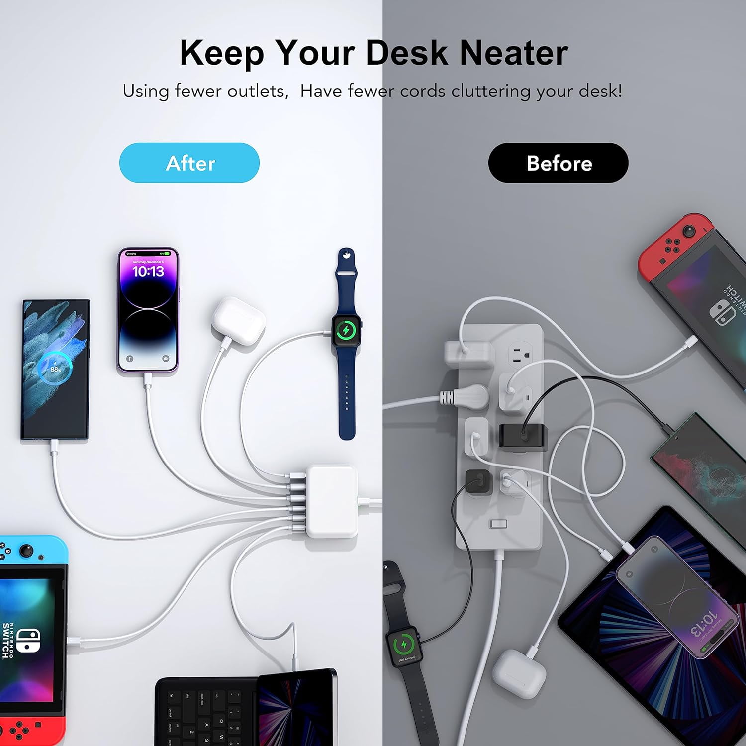 TAOHAI 100W GaN Charging Station 6 Port  USB C Fast Charger for , iPhone,Tablets, Smartwatches, Earphones