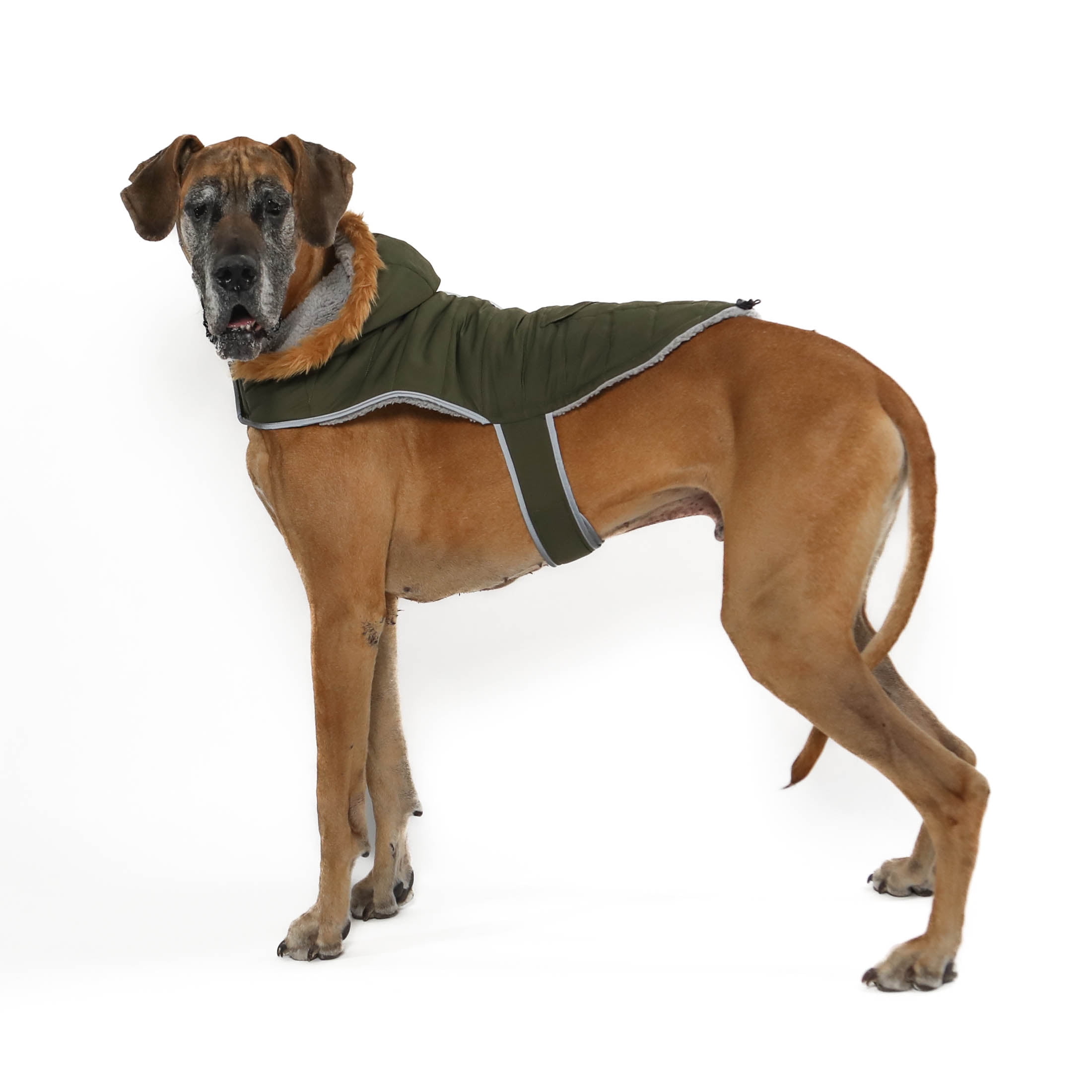 Vibrant Life Dog Clothes: Green Reflective Puffer Jacket with Faux Fur Trimmed Hood, XL