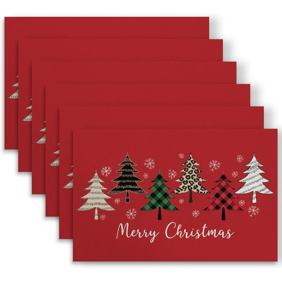 Set of 6 Christmas Tree Placemats, Red Merry Christmas Table Mats, Washable Dining Table Decor for Holiday, and Birthday Party Use