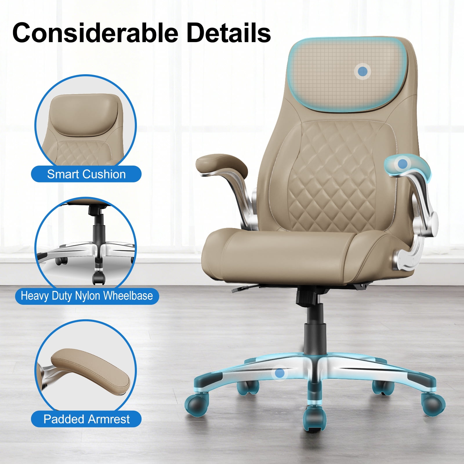 Nouhaus Office Ergonomic Desk High Back Executive Chair with Pop-Out Lumbar Support, Adjustable Headrest, Flip-Up Arms, Leather Home with Thick Cushion for Comfort - Taupe