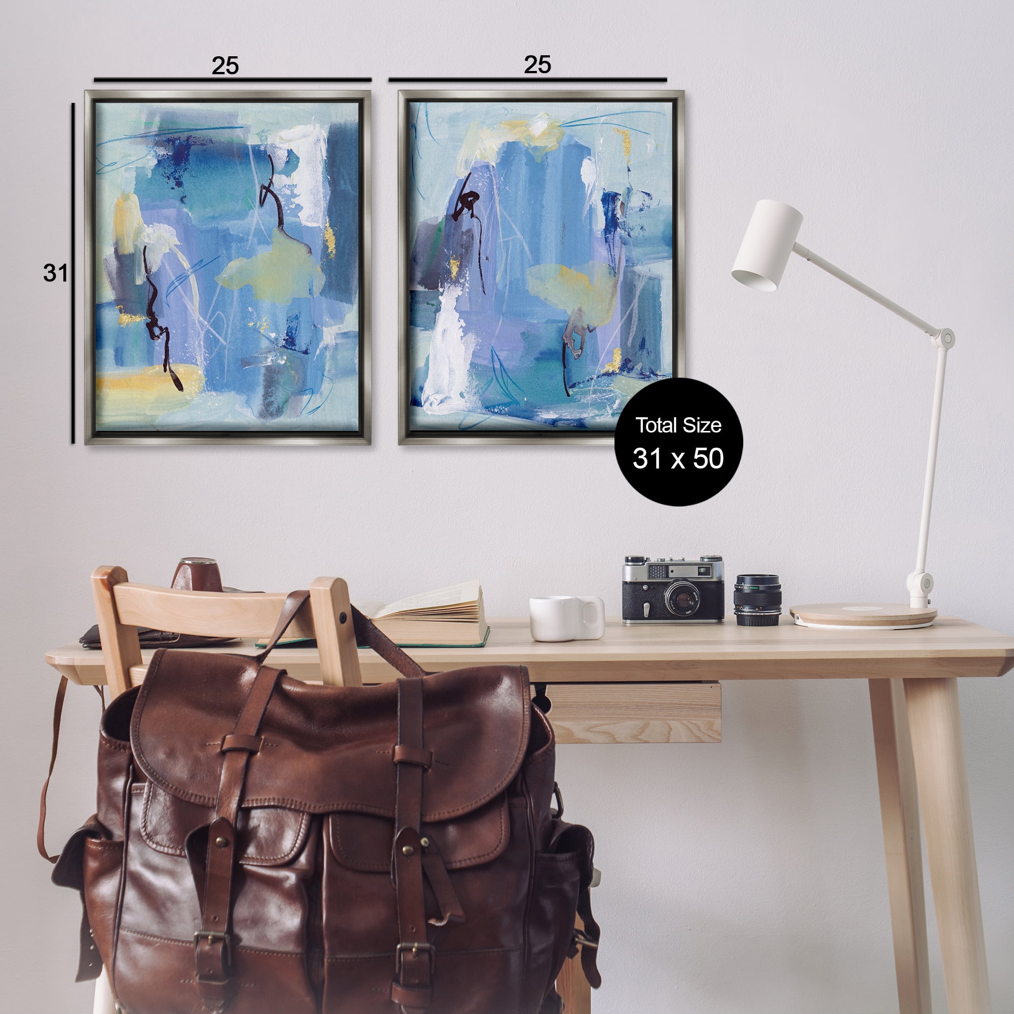 Stupell Industries Blue Abstract with Yellow Abstract Painting Gray Floater Framed Canvas Art Print Wall Art, 31 x 25, Set of 2