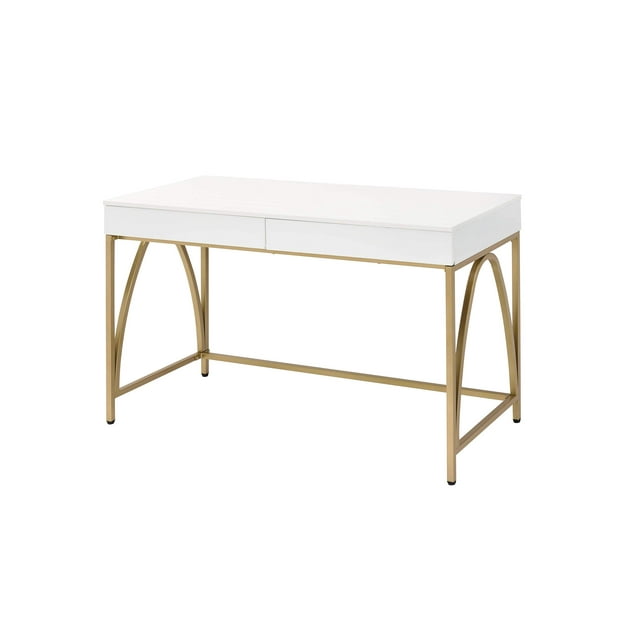 Acme Furniture Lightmane Desk, White High Gloss & Gold
