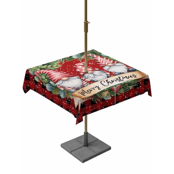 Outdoor Tablecloth with Umbrella Hole and Zipper, Red Black Christmas Square Table Cloth 60x60 Inch Waterproof Tablecloth, Xmas Winter Gnomes Buffalo Plaid Picnic Table Cover for Patio Camping
