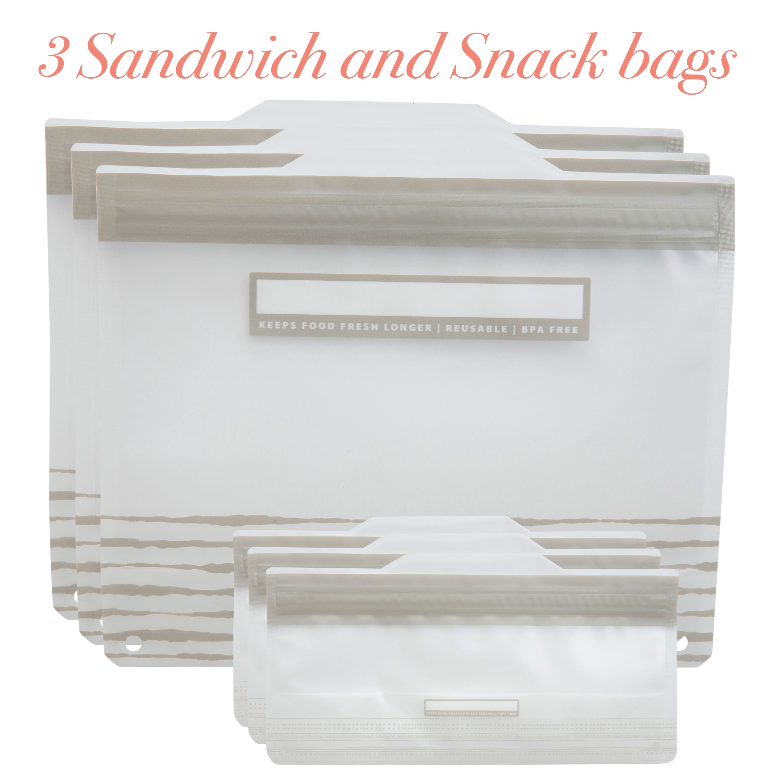Kitchen Details 6 Piece Set Plastic Reusable Sandwich and Snack Bags, Gray