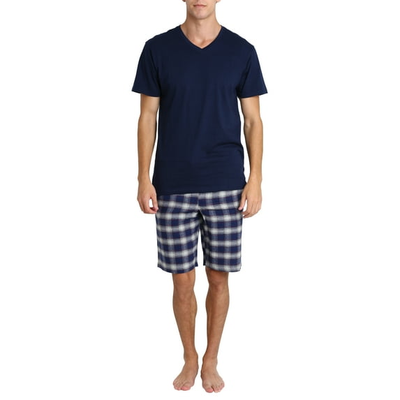 Mens Pajamas Jammies 2 Piece V Neck Tee Shirt Flannel Short Navy Nantucket Plaid XL