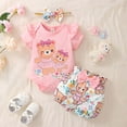 thumbnail image 3 of Kucnuzki 6 Months Baby Girl Summer Outfits Shorts Sets 9 Months Short Sleeve Carton Bear Prints One-Pices Elasitc Shorts Headband 3PCS Set Pink, 3 of 8